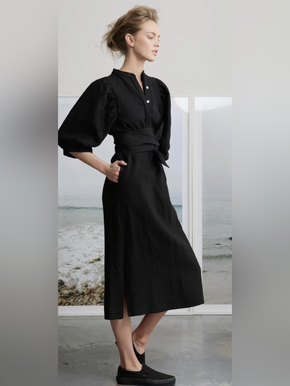Heidi Merrick Black Textured Lagenlook Puffy Sleeve Midi Dress
